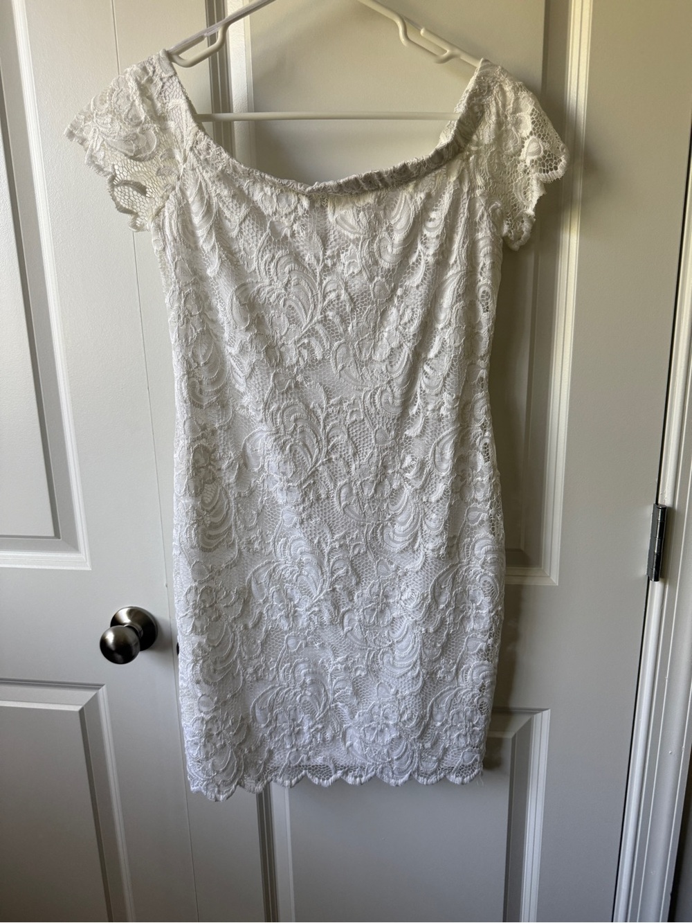 Ambiance White Off-Shoulder Lace Sheath Dress